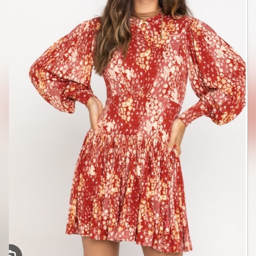 Free People Heartbeats Long Sleeve Rust Floral Mini Dress Size Medium